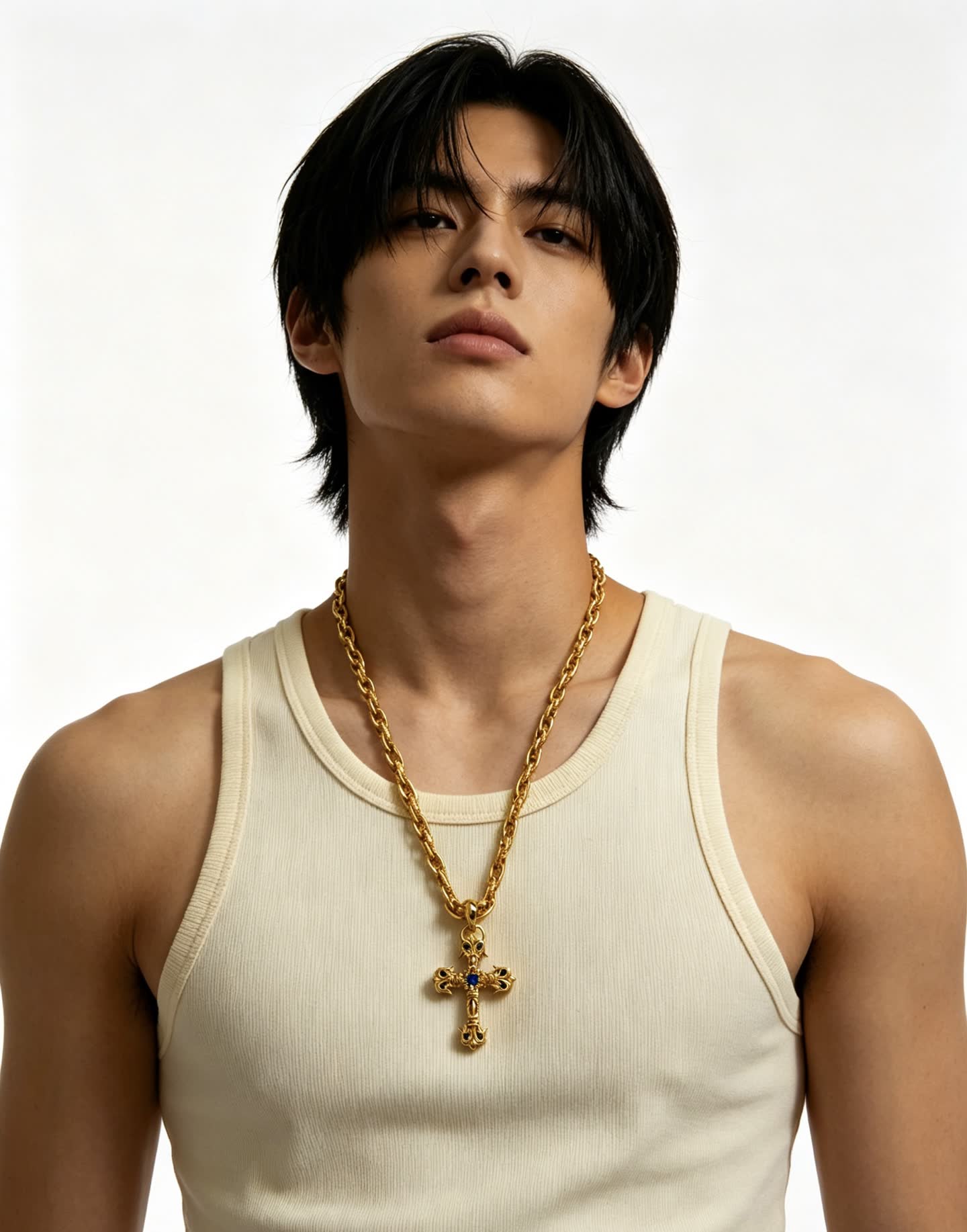 Chrome Hearts Gold Cross Pendant Necklace with Blue Gemstone